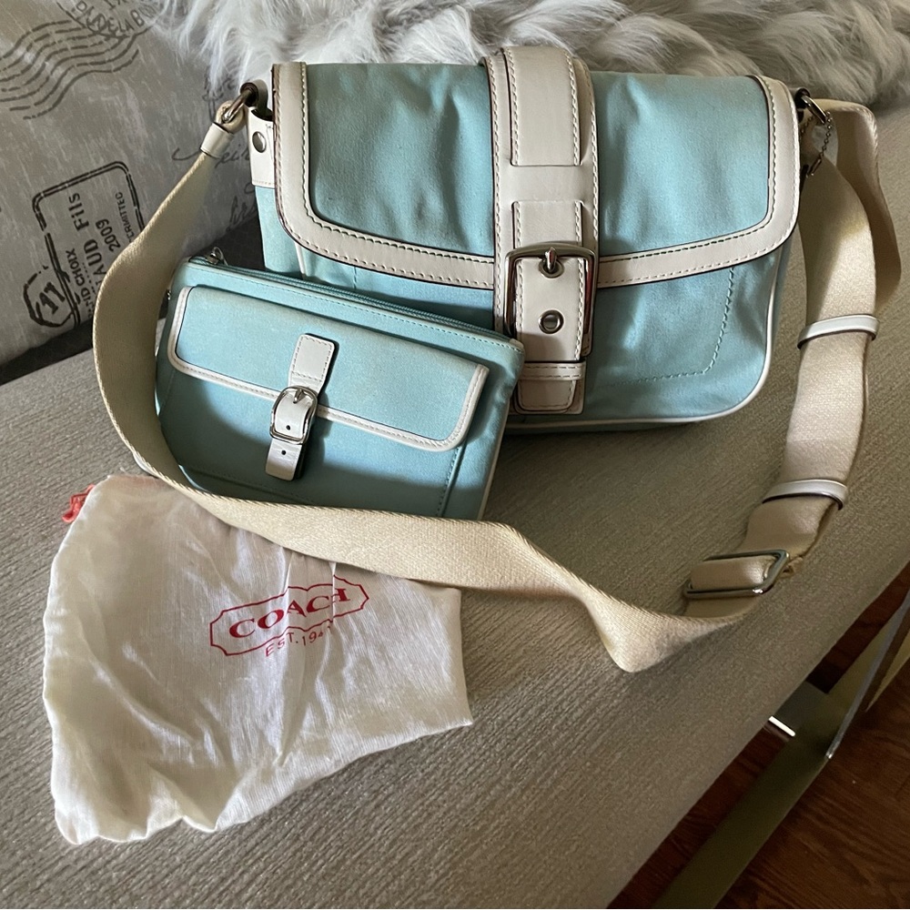 Light Blue Coach Bag and Matching Wristlet.